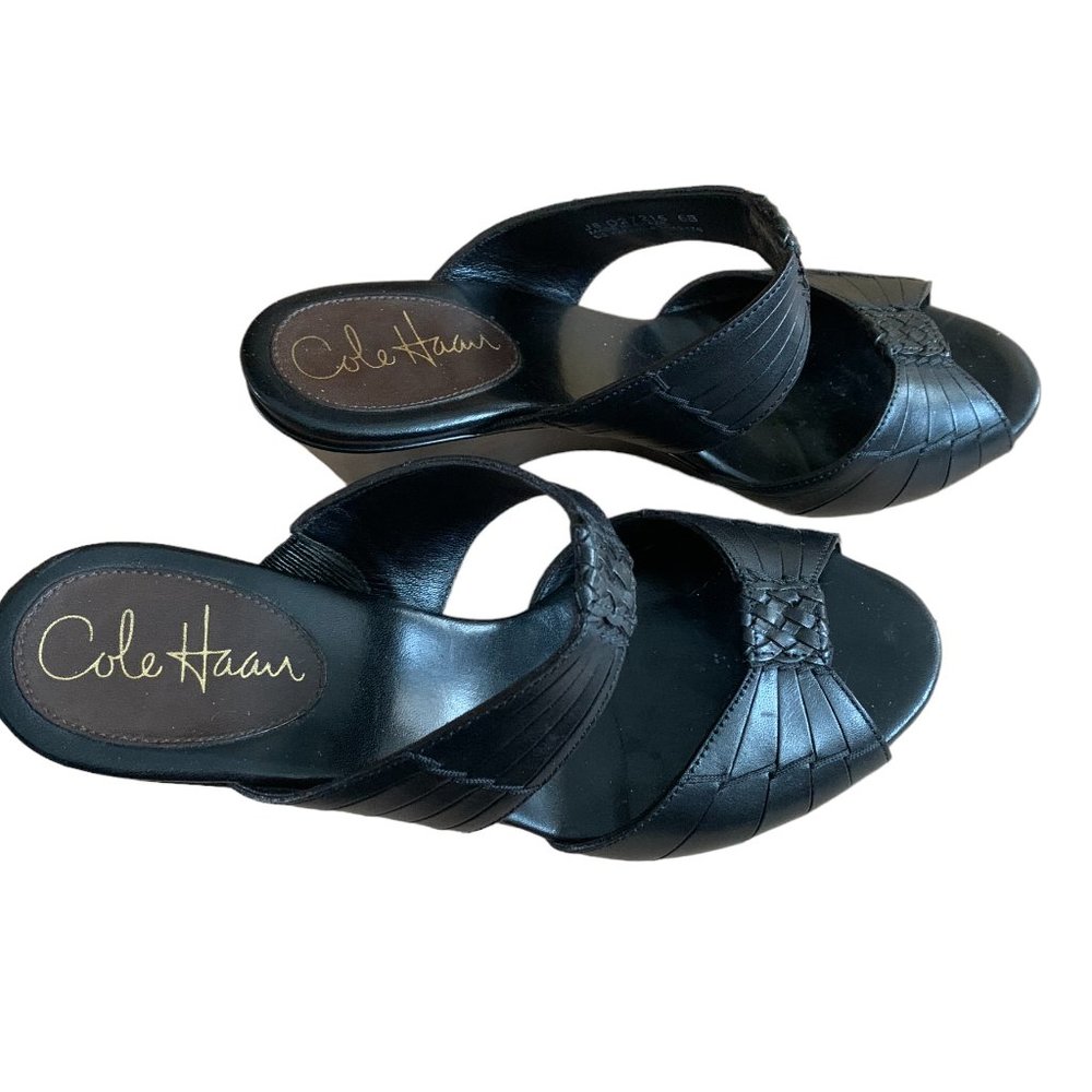 Cole Haan Double Strap Black Wedge Sandals Size 6